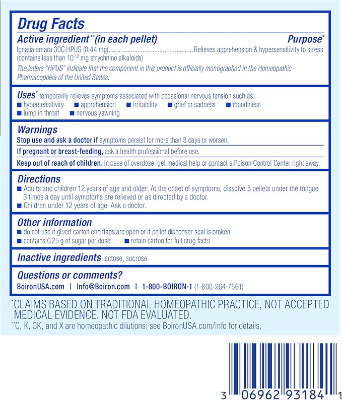 Boiron Ignatia Amara 30C Homeopathic Medicine for Relief from Emotional Stress, Hypersensitivity, Irritability, and Moodiness - 3 Count (240 Pellets)