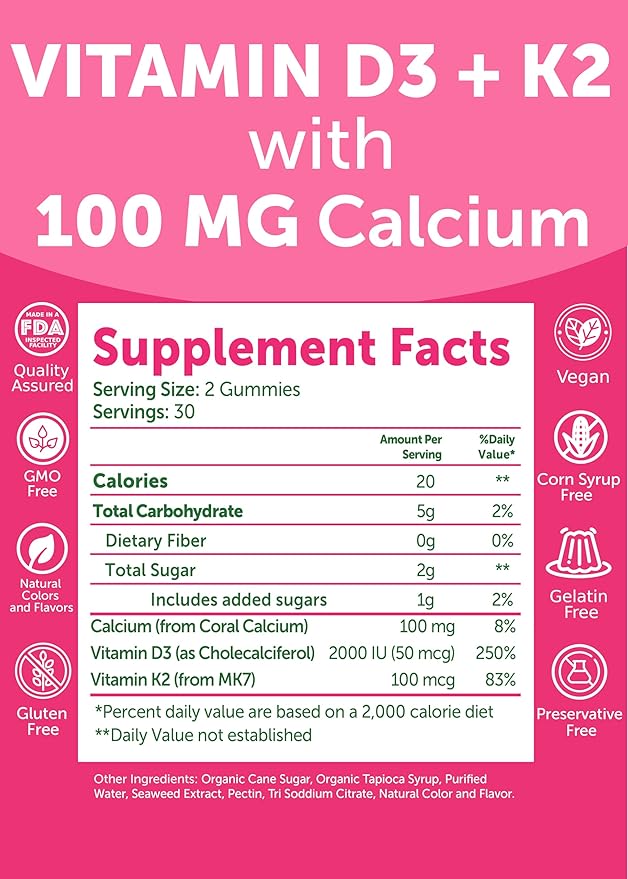 Lunakai USA Made Vitamin D3 K2 Gummies with Calcium – 3-in-1 Daily Vegan Supplement for Bone & Immune Support for Women, Men & Kids, 60ct
