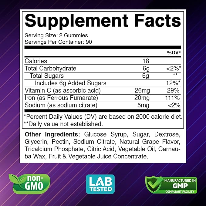Vitabod Iron Gummies Supplement for Women, Men & Kids - 20mg - with Vitamin C - Dietary Supplement for Red Blood Cell Support, 180 Pectin Based Gummies