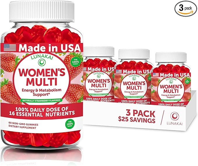 Lunakai USA Made Womens Multivitamin Gummies - Delicious Daily Dose with 16 Multi Vitamins for Women - Energy & Immune Support, Non-GMO - 3 Pack