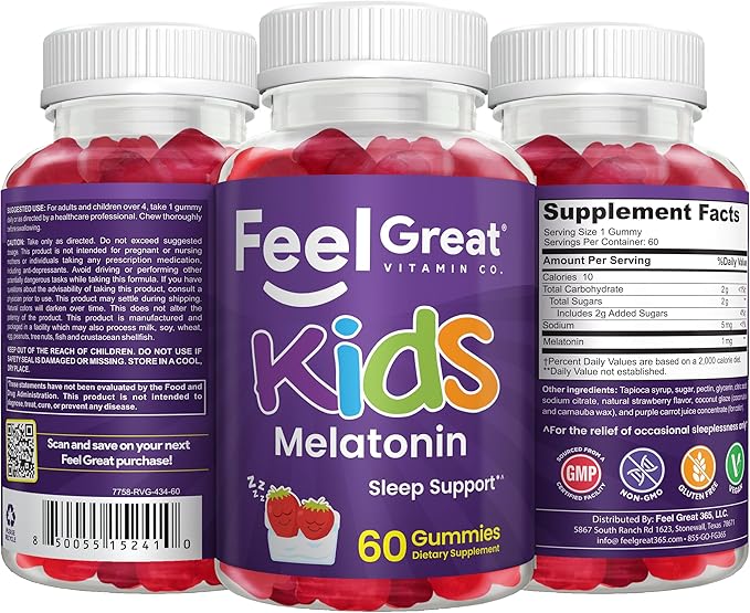 Feel Great Kids Melatonin Gummy | Strawberry Flavored Melatonin Gummies Kids | 1 MG of Melatonin Sleep Aid for Kids | Vegan Gummies | 60 Day Supply