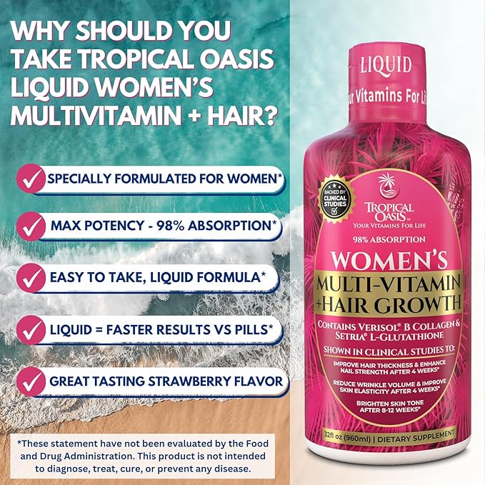 Tropical Oasis Women's Liquid Multivitamin + Hair Growth | Clinically Tested for Thicker Hair, Wrinkles, Brighter Skin, Strong Nails | 2.5g Verisol Collagen | Biotin 12500mcg | 32 Serv
