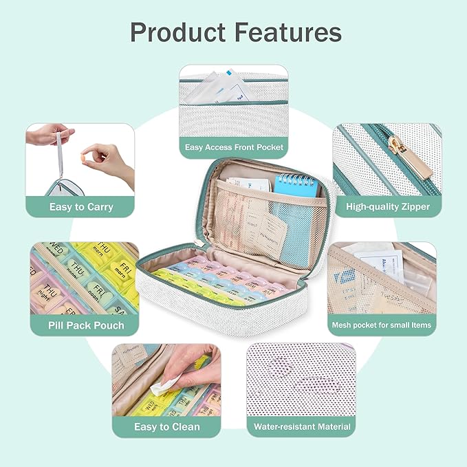 Weekly Travel Pill Organizer Pill Case for Purse with Removable 7 Day Pill Box Holder,Cute Medication Organizer Pill Container for Medicine, Vitamin, Fish Oils,Supplement (Teal, Small)