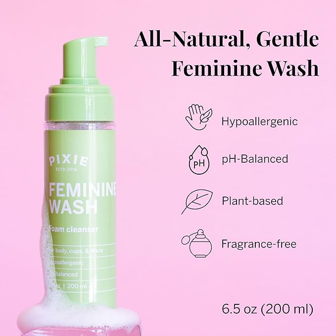 Pixie Feminine Wash – Healthy Foaming Cleaner with Natural Ingredients – More Foam Wash in Bottle Than Any Other Brand – pH Balanced & Plant Based – for Your Menstrual Cups and Discs, 6.5 Fluid oz