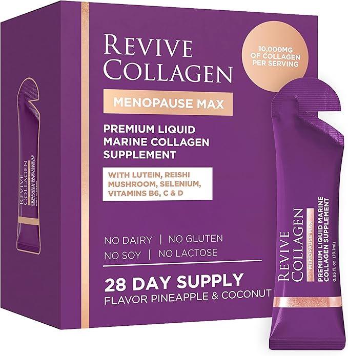 Revive Collagen Menopause Max — Hydrolyzed Marine Collagen Drink for Women, 10,000MG, Lutein, Reishi Mushroom, Vitamin B6, B12, C & D, for Skin & Eye Wellness, Pineapple & Coconut Flavour — 28 Sachets