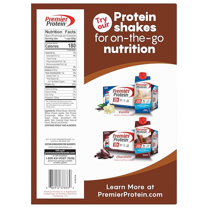 Post Premier Protein Chocolate Almond Cereal, Chocolatey Protein Cereal Flakes with Sliced Almonds, Contains 20g of Protein Per Serving, 30 OZ Box (Pack of 2)