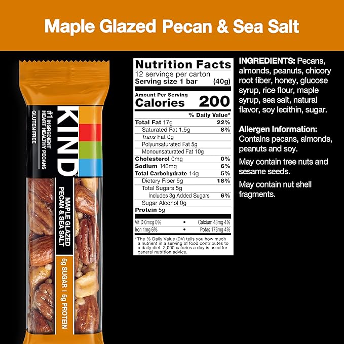 KIND Nut Bars,Maple Glazed Pecan & Sea Salt,Healthy Snacks,Gluten Free,Low Sugar,5g Protein,(Pack of 24)