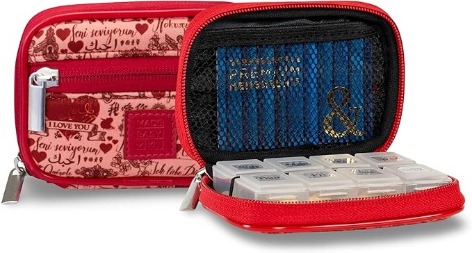 Made Easy Kit Pill Case for Everyday and Travel - 7-Day Weekly Medicine Supplement Vitamin Organizer Sorter Tracker - Neoprene Bag with Pockets - Compact Portable 8 Compartments (Red Love Language)