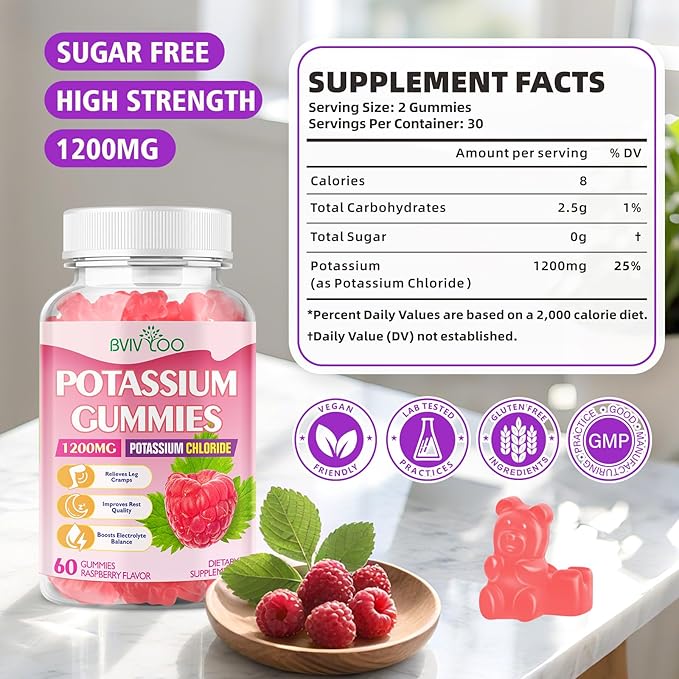Potassium Gummies for Adults with 1200mg Potassium Chloride - Supports Muscle Health & Leg Cramps, Raspberry Flavor, 120 Count