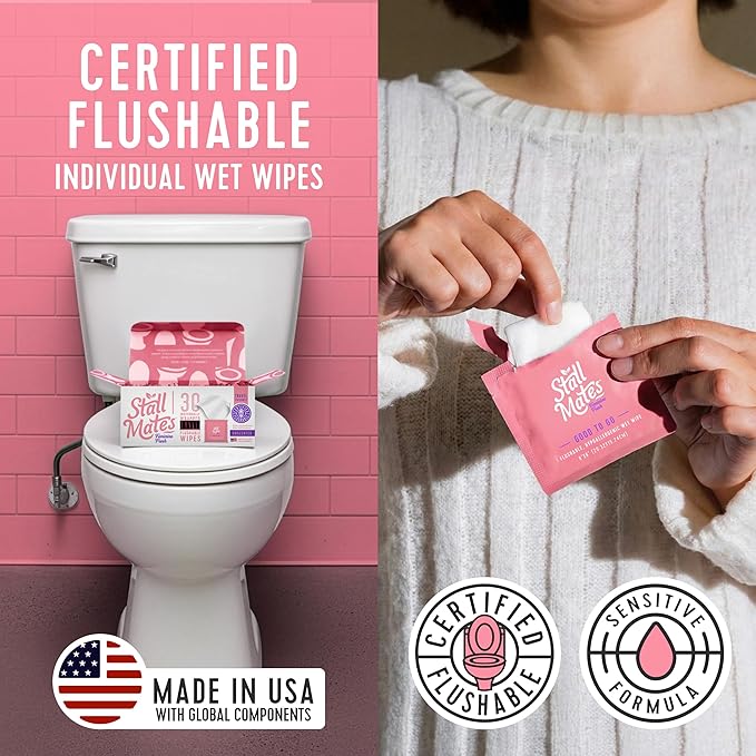 Stall Mates Feminine Fresh - Flushable Wipes, Individually Wrapped Cleansing Travel Friendly PH balanced Unscented with Sunflower, Rosemary and Aloe (30 on-the-go singles)