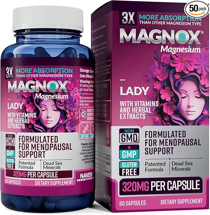 MAGNOX® Lady Magnesium Supplement | Menopause and PMS Support Supplement for Women | Magnesium Complex with Vitamins B6, B1, B12, D, Zinc | High-Absorption Dead Sea Organic Magnesium | 60 Capsules