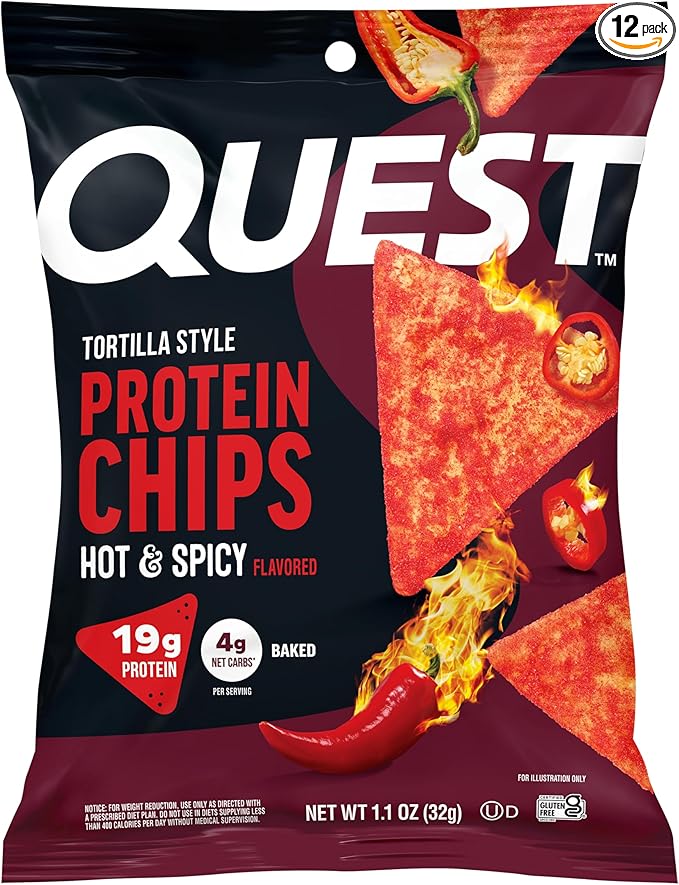 Quest Nutrition Tortilla Style Protein Chips, Hot & Spicy, 19g of Protein, 4g Net Carbs, High Protein, Gluten Free, 1.1 Ounce (Pack of 12)