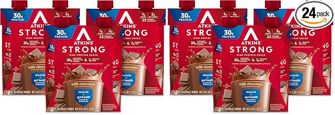 Atkins Strong High Protein Shake, Milk Chocolate, 30g Protein, 7g Prebiotic Fiber, Muscle & Gut Health Support Complex (Pack of 24)