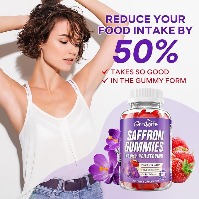 Saffron Gummies for Kids & Adults, 10-in-1 Cortisol Supplement with Saffron 88.5mg, Vitamin D3, B6, Magnesium, Zinc, Ashwagandha, L-Theanine, St. John's Wort, for Emotions, Zzz, 60 Count