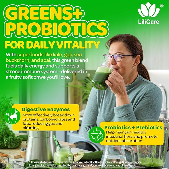 Greens Gummies for Picky Teens & Adults - Greens Superfood Multivitamin Gummies w/ 40+ Fruits & Veggies, Lutein, Enzymes & Fiber, Supergreen Chews for Immunity, Energy, Digestion, Gut & Vision, 1 Pack