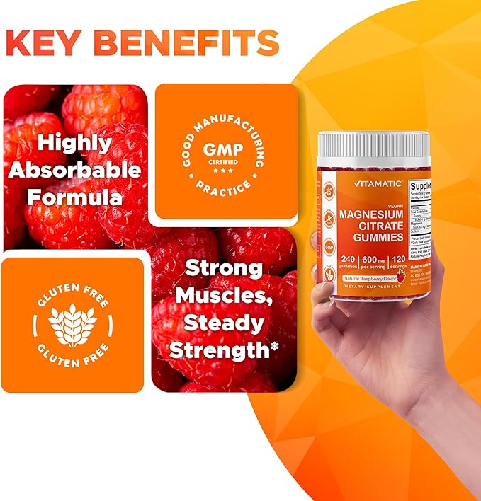 Vitamatic Magnesium Citrate Gummies 600mg per Serving - 240 Vegan Gummies - Natural Raspberry Flavor - High Absorption Magnesium Supplement - Supports Nerve, Bone and Muscle Health