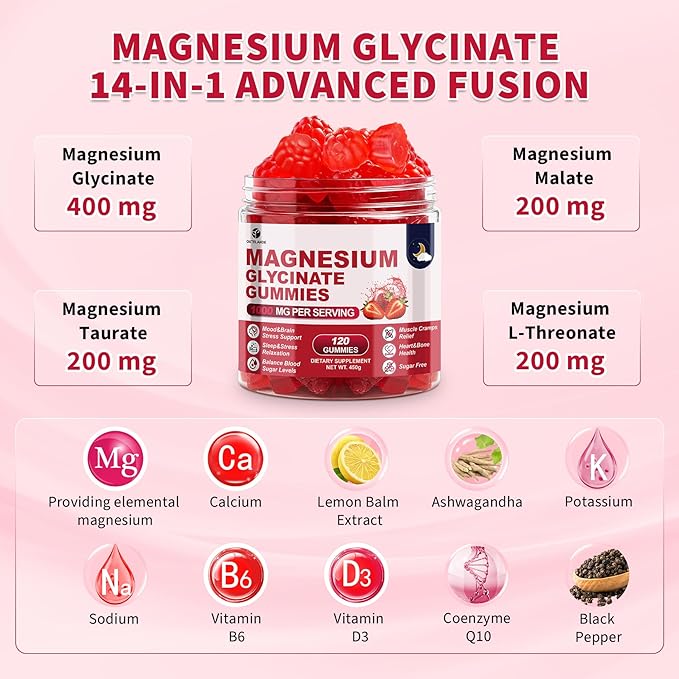 120 CT Magnesium Glycinate Gummies 1000 mg for Women and Men, Magnesium Malate & Taurate Supplements for Sleep, Body Support and Relaxation, Sugar Free, Vegan, Strawberry Flavor