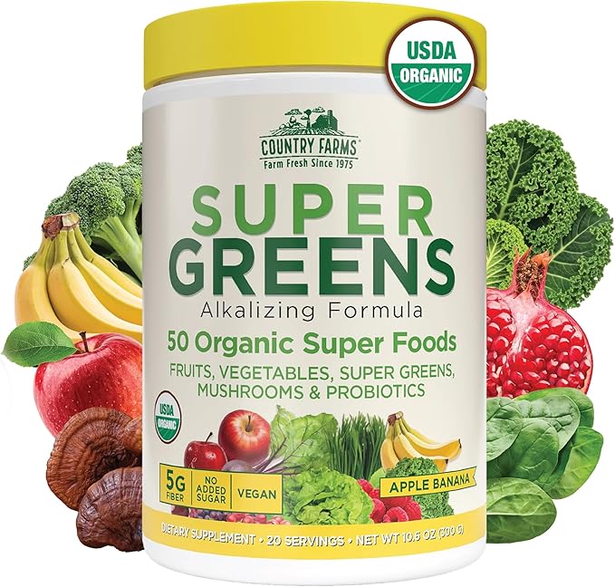 Country Farms Organic Super Greens Apple Banana Flavor, 50 Organic Super Foods, Packed with Fiber, USDA Organic Drink Mix, Fruits, Vegetables, Mushrooms & Probiotics, Supports Energy, 5g Fiber