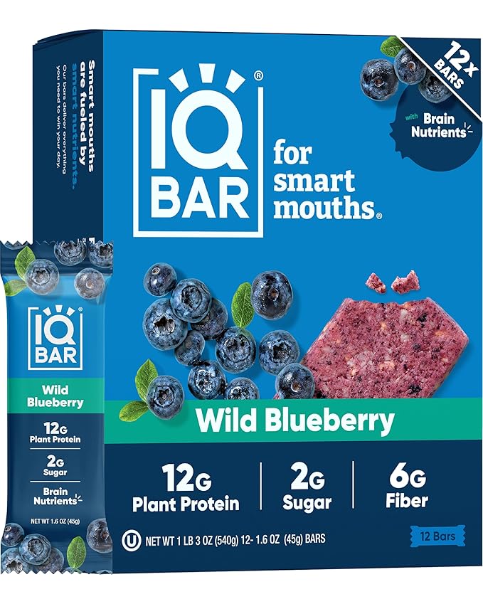 IQBAR Clean Plant Protein Bars - Wild Blueberry - 12 Count - Keto, Vegan, High Fiber, Gluten and Dairy Free, Low Sugar Snack - Brain and Body Nutrients for Focus, Energy, Meal Replacement