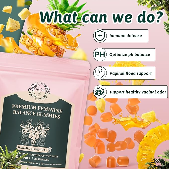 Feminine Balance Gummies for Women - Premium Balance Supplement for Women PH Health, Gut Healthy, Immune Support, Hawaiian Pineapple Flavor, 60 Gummies