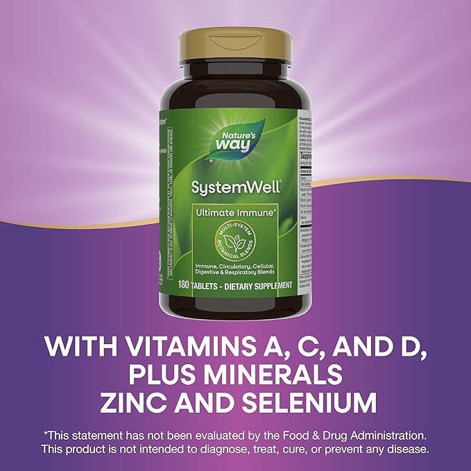 Nature's Way Systemwell Ultimate Immune* with Vitamins C, A, D, Zinc, & Selenium, Multi-System Botanical Blends Including Immune, Respiratory, Digestive & Circulatory, 180 Tablets (Packaging May Vary)