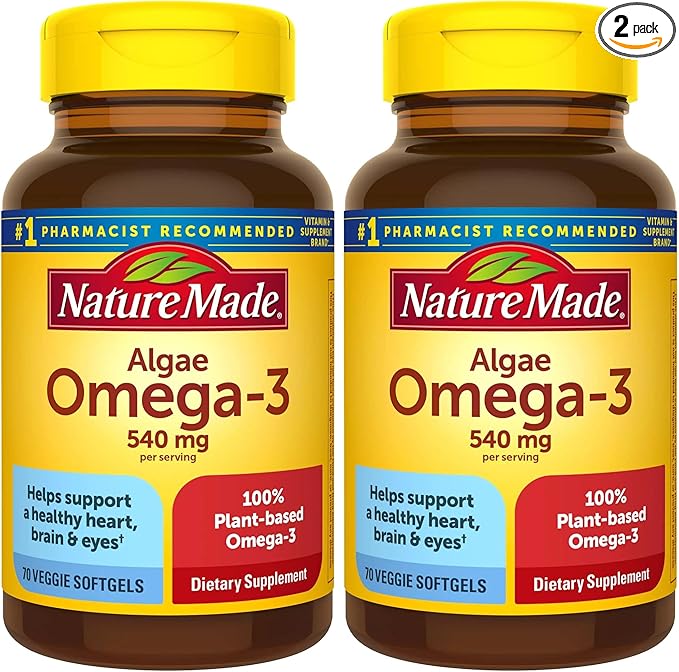 Nature Made Algae Oil Omega 3 Supplement 540mg, Omega 3 Fish Oil Alternative, 70 Veggie Softgels, Sustainable, Plant-Based, for Healthy Heart, Brain, and Eye Support, 70 Softgels,(Pack of 2)