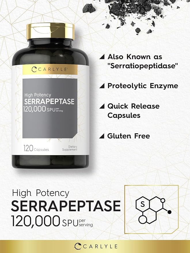 Carlyle Serrapeptase Supplement 120000 SPU | 120 Capsules | High Potency for Women and Men | Non-GMO and Gluten Free