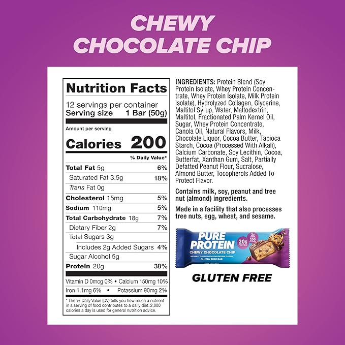 Pure Protein Chewy Chocolate Chip Protein Bars – 20g Protein, 3g Sugar, 190 Calories (12 count) Low Sugar* High Protein Snack - Gluten Free - Perfect for a Healthy Snack