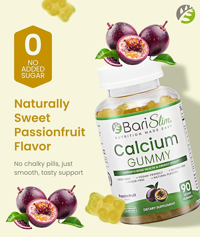 BariSlim Bariatric Calcium Gummies - Specially Formulated Bariatric Vitamins for Patients After Weight Loss Surgery - Supports Energy Levels & Bone Health | Passionfruit (90 Vegan Gummies)