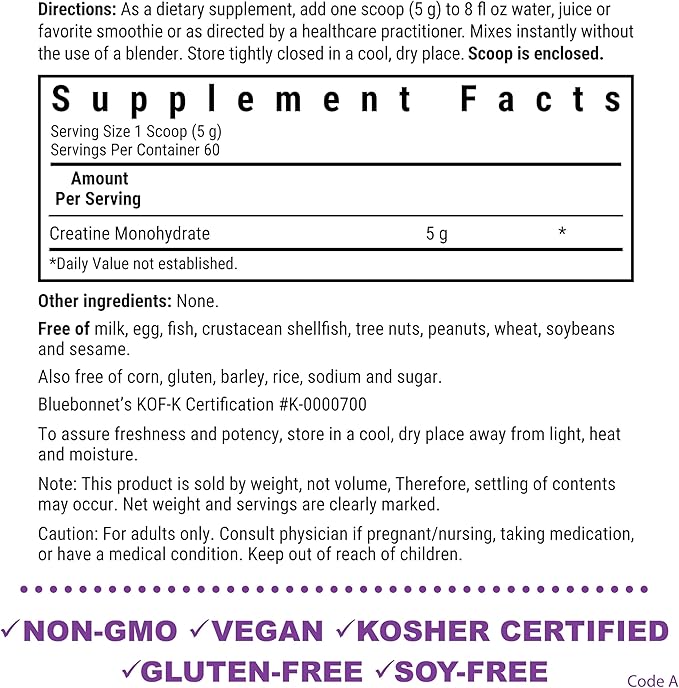 BlueBonnet Nutrition Micronized Creatine Monohydrate 5 g – Supports Lean Muscle Mass* - Non-GMO, Vegan, Kosher Certified, Gluten-Free, Soy-Free, Milk-Free – Unflavored, 10.58 OZ, 60 Servings
