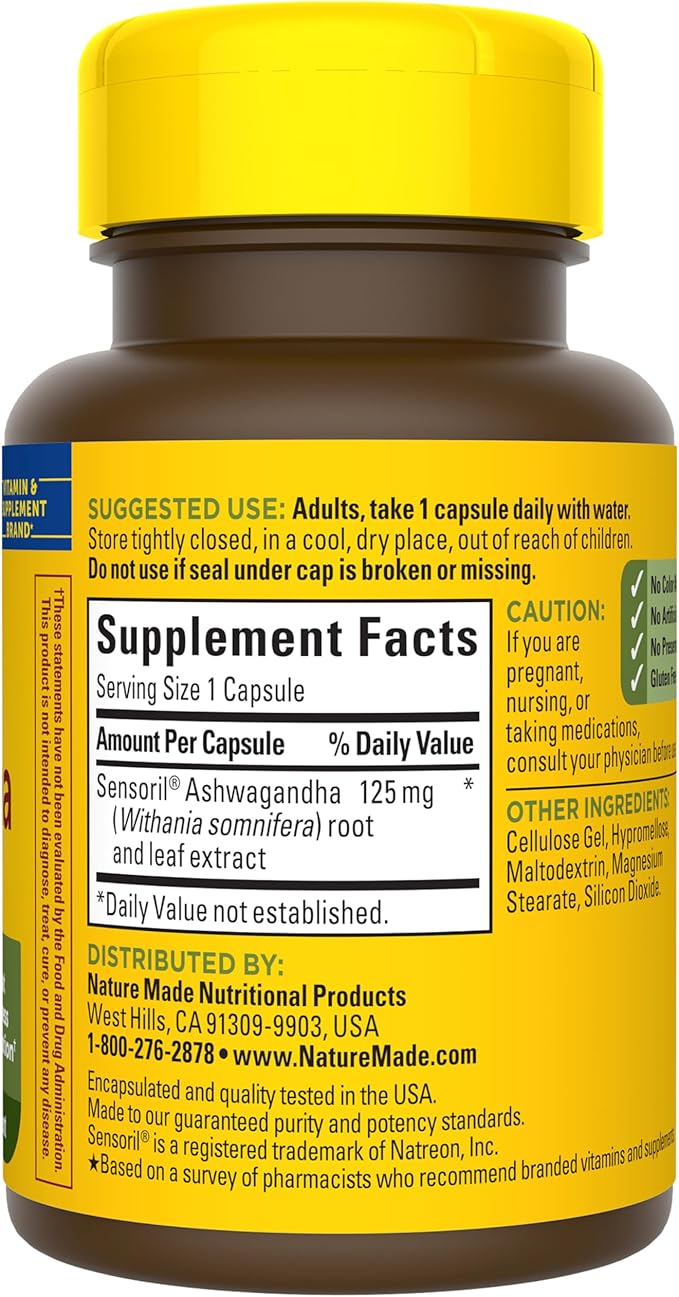 Nature Made Ashwagandha Capsules 125mg for Stress Support, Ashwagandha Supplements, 60 Capsules, 60 Day Supply