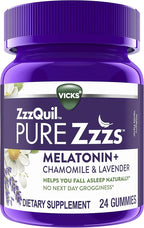 ZzzQuil Pure Zzzs, Melatonin Sleep Aid Gummies with Lavender, Valerian Root and Chamomile, Natural Wildberry Vanilla Flavor, Non-Habit Forming, Drug-Free, 24 Gummies (Pack of 2)