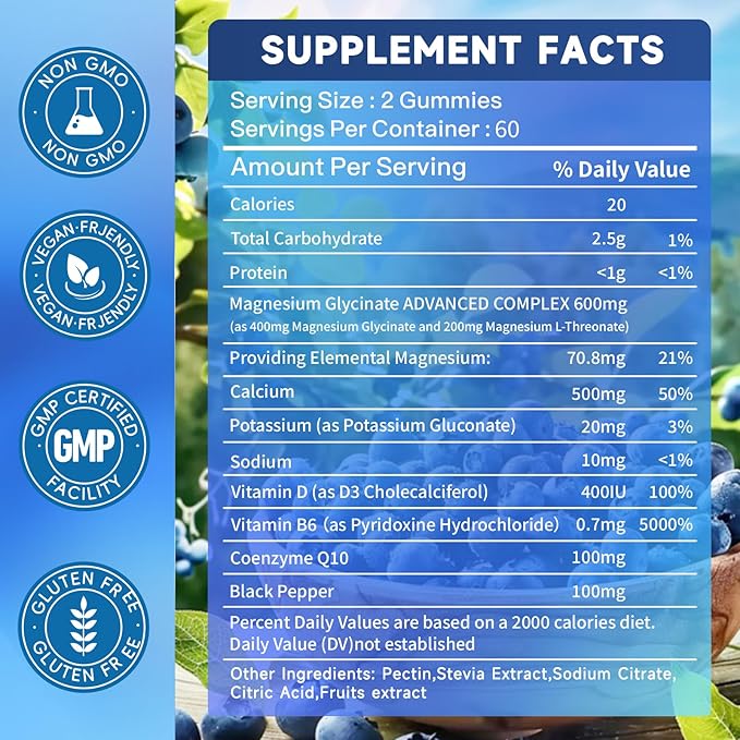 Magnesium Glycinate Gummies 600mg, Sugar Free Magnesium Potassium Supplement for Adults with Magnesium L-Threonate, Vitamin D, B6,and CoQ10 for Sleep, Body Support and Relaxation,120 Count
