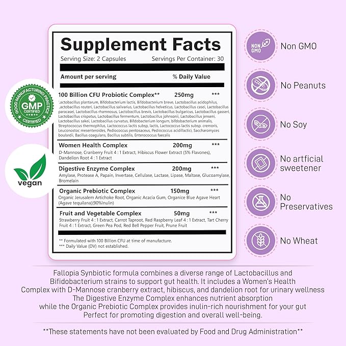 Probiotics for Women with Prebiotic Cranberry d Mannose Digestive Enzymes & Hibiscus 34 Strains 100 Billion CFU Feminine Care Supplement for Vaginal Gut Urinary Health and pH Balance Support