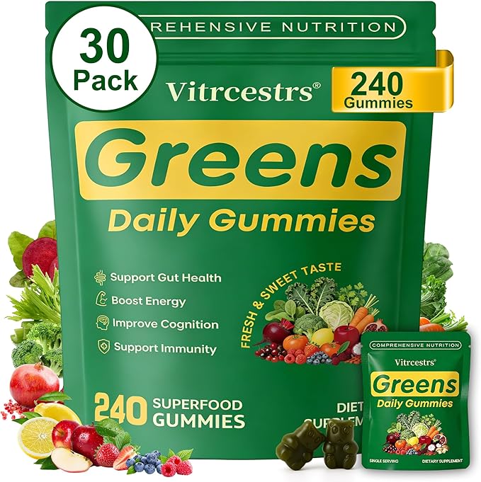 Greens Daily Gummies, Super Greens Gummies for Adults Superfood Multivitamin Gummy with Spirulina, Chlorella, Prebiotic Fiber, Fruit Veggie for Digestive & Gut Health, Adaptogens Supplement, 240 Count