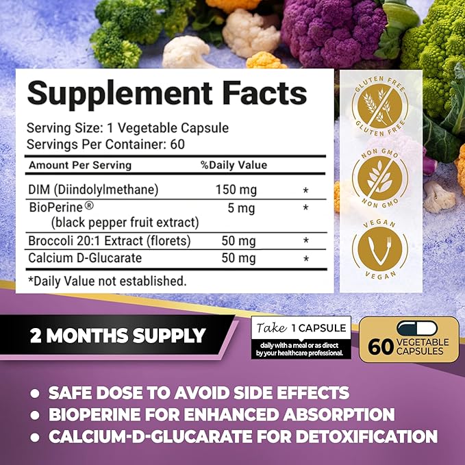 DIM Supplement with Broccoli Extract and BioPerine - Natural Hormone Balance Support for Women and Men - Estrogen Balance - Menopause, Acne - 60 Vegetarian Capsules with Calcium D-Glucarate