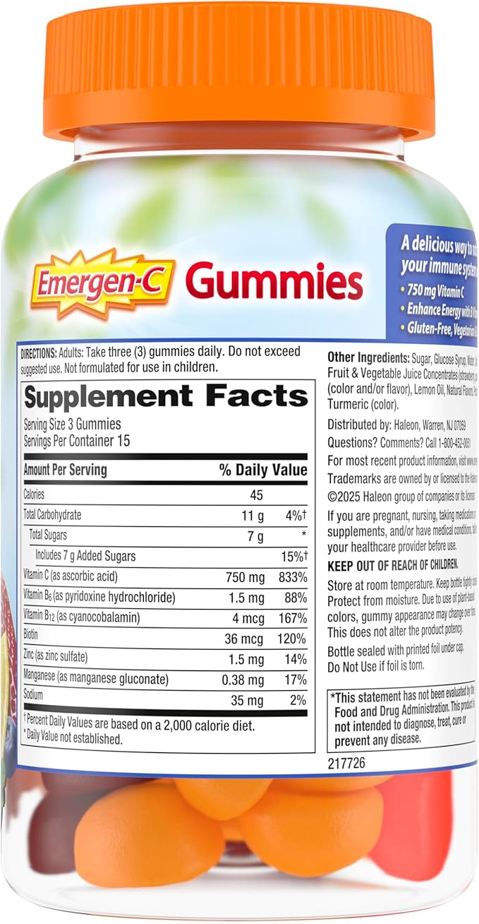Emergen-C 750mg Vitamin C Gummies for Adults, Immune Support Gummies, Gluten Free, Strawberry, Lemon and Blueberry Flavors, Back to School Essentials - 45 Count