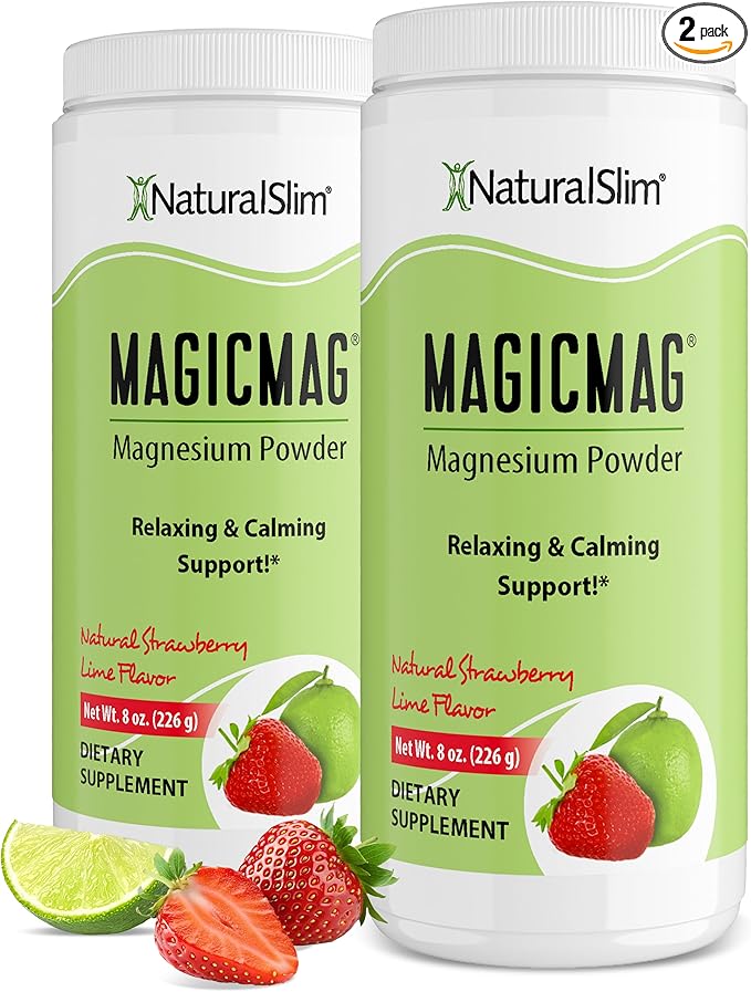 NaturalSlim Magicmag Pure Magnesium Citrate Powder – Stress, Constipation, Muscle, and Heart Support | Natural Strawberry & Lime Flavored Magnesium Supplement - 8oz Drink Mix (2 Pack)