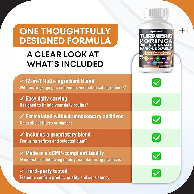 Turmeric Moringa Ginger Boswellia Quercetin Cinnamon Saffron Tart Cherry Odorless Garlic Nettle -150 Capsules