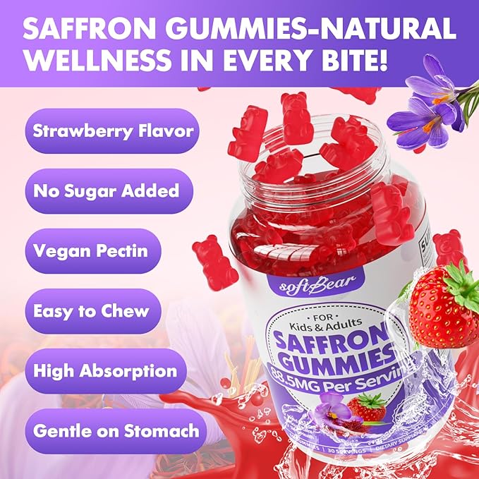 softbear Saffron Gummies for Kids & Adults, 10-in-1 Organic Saffron Supplements with 88.5mg Saffron Extract Support Calm Mind & Focus & Zzz, Sugar Free/Non-GMO, Strawberry Flavor 60 Count