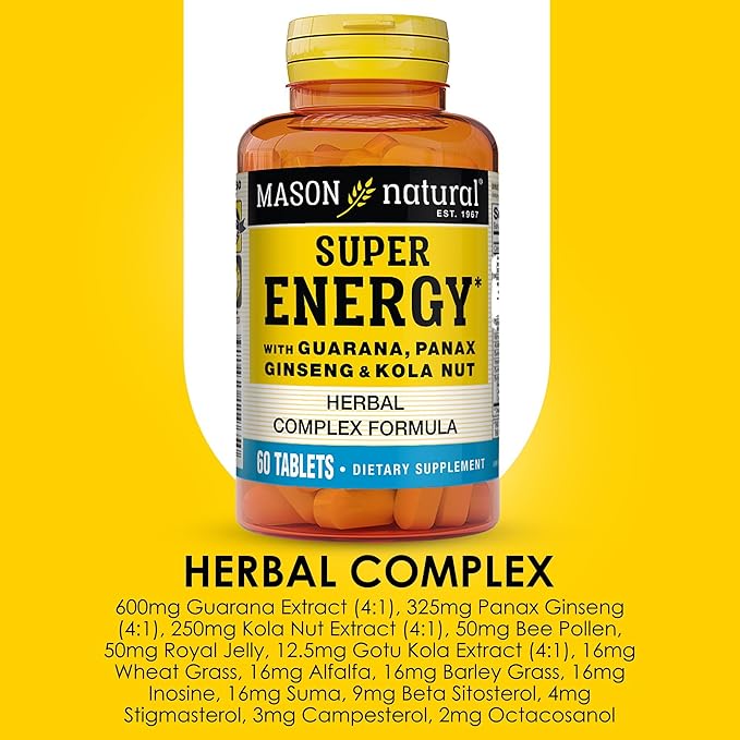 MASON NATURAL Super Energy, Made with Guarana, Panax Ginseng & Kola Nut for Optimal Performance & Energy, 30 Day Supply