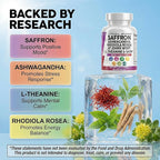 Clean Nutraceuticals Saffron Supplements Extract 100mg + Ashwagandha L-Theanine 200mg - Mood Support Ginkgo Biloba, St. John's Wort, Rhodiola Rosea & 5-HTP Capsules Pills Men Women