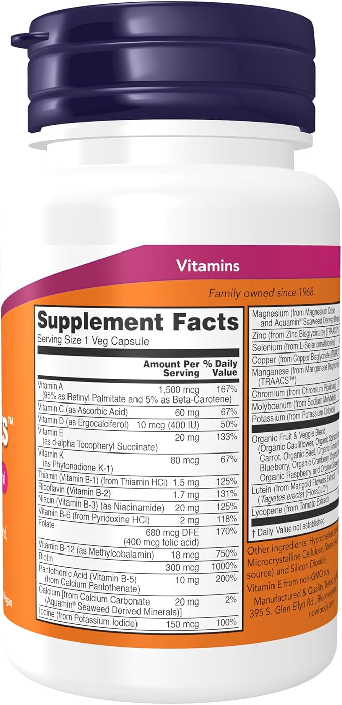 NOW Foods Supplements, Daily Vits™with Fruit & Veggie Blend, Lutein and Lycopene, 30 Veg Capsules (Pack of 4)