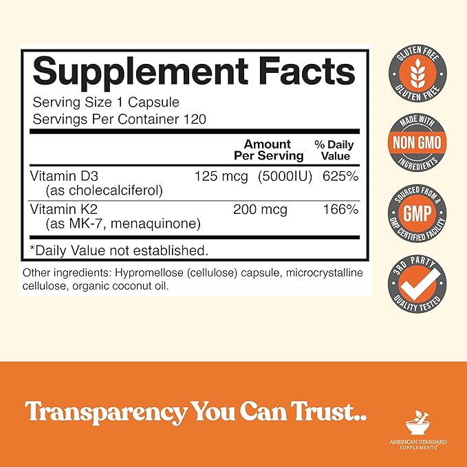 American Standard Supplements Vitamin D3 5000 IU (125mcg) Plus Vitamin K2 (MK7) 200mcg Per Capsule - Gluten Free, Non-GMO, 120 Capsules, 120 Servings, 120 Day Supply