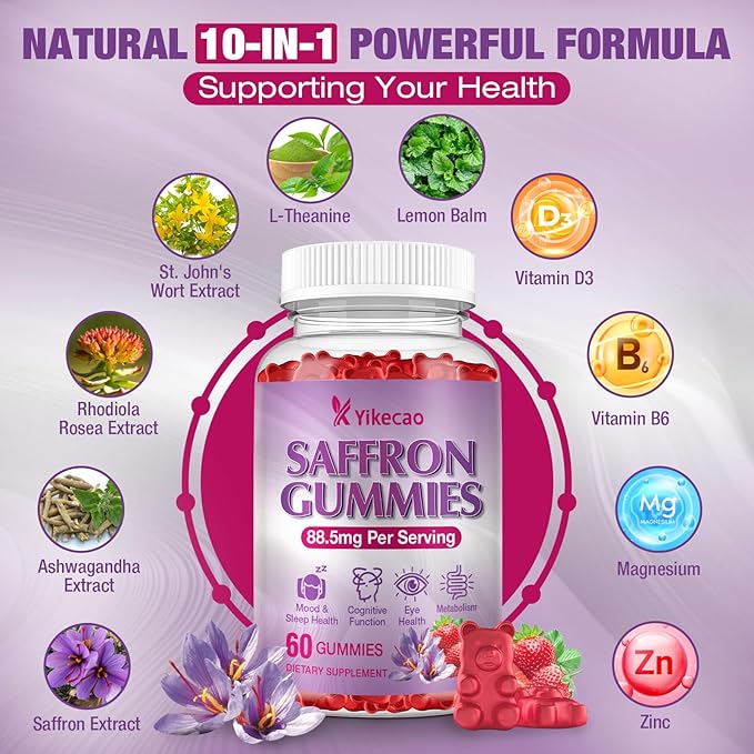 2 Pack Saffron Supplements Gummies for Kids & Adult, 88.5mg Saffron Extract with Vitamin D3, B6, Magnesium, Ashwagandha, L-Theanine for Clam, Energy, Focus, Sugar-Free, Strawberry Flavor, 120 Count
