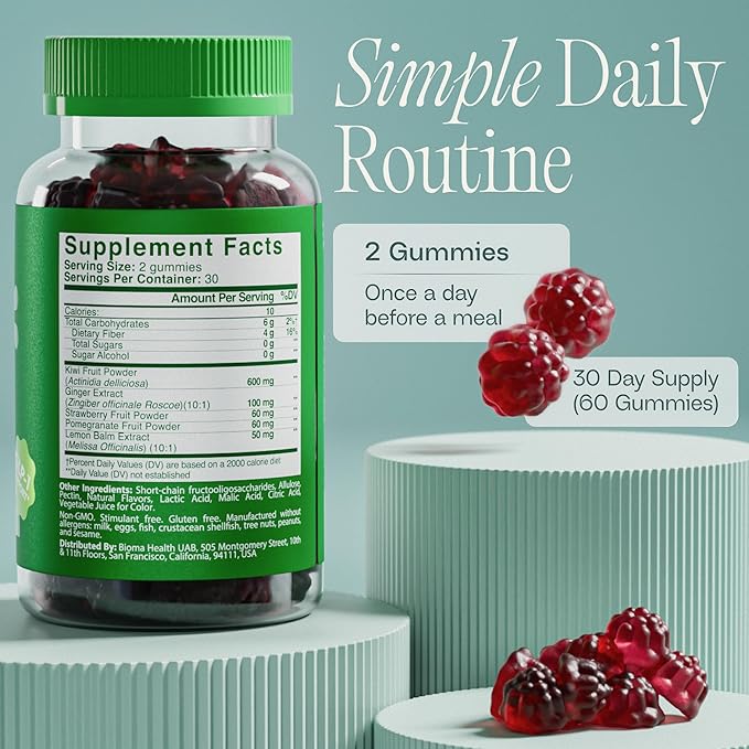 Fiber Gummies for Women - Natural GLP-1 Support with Kiwi, Pomegranate & Ginger - Sugar Free Digestive Health Supplement, Prebiotic FOS Fiber - Vegan & Gluten Free (60 Gummies - 30 Day Supply)