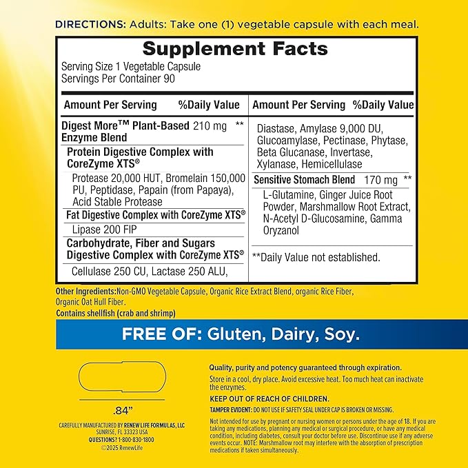 Renew Life DigestMore Digestive Enzymes | 90 Vegetable Capsules | Plant Based Enzymes | Relieves Occasional Gas, Bloating & Indigestion | Dairy, Soy, and Gluten-Free Supplement
