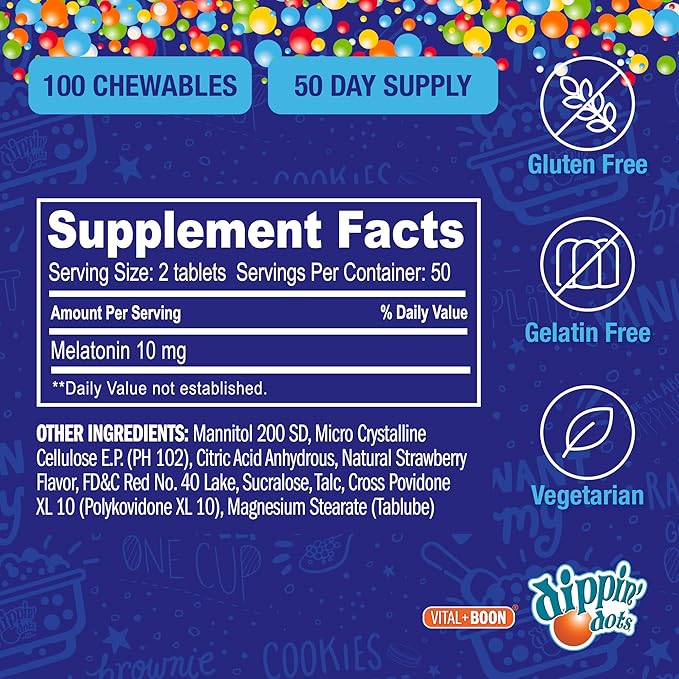 Dippin' Dots Chewable Melatonin 10mg – Melatonin 10 mg Tablets for Adults – Sugar Free – Strawberry Sunset Creme Flavor – Restful Sleep Support Supplement – Kosher, Gluten Free, Vegetarian (100 Count)