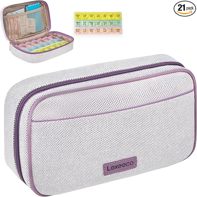 Weekly Travel Pill Organizer 3 Times A Day Pill Case for Purse with Removable 7 Day Pill Box Holder,Cute Medication Organizer Pill Container for Medicine, Vitamin, Fish Oils,Supplement(Purple, Large)