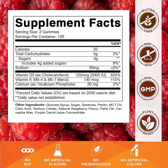 Vitamatic Vitamin D3 K2 with Calcium Gummies - 240 Count - Non-GMO, Gluten Free